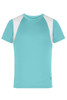 A turquoise t-shirt with white shoulder panels and a logo on the side. Suitable for junior sizes.