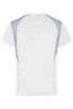 A white T-shirt with light grey accents on the shoulders and back, featuring a logo.