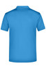 A blue polo shirt featuring a collar, short sleeves, and a logo on the back.