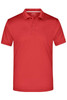 A red polo shirt with a classic collar and three-button placket, featuring a logo on the chest.