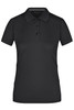 A black ladies polo shirt featuring a collared neckline and three button placket. It has a logo on the chest.