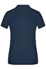 A navy blue ladies' polo shirt with a classic collar and short sleeves, featuring a logo on the back.