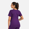 A purple women's double V-neck top, featuring a fitted style and short sleeves, displayed from the back.