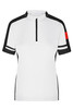 A women's white track jacket featuring black accents and a zippered half collar, with a red detail on the sleeve.
