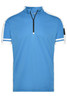 A blue half-zip cycling shirt with white sleeves and a small logo.