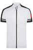 A short-sleeved white shirt with black stripes and a red detail, featuring a full zip and a logo.