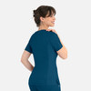 A women's curved mock wrap top in teal, featuring short sleeves and a fitted design, with a logo on the back.