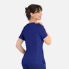A women's curved mock wrap top in a vibrant royal blue colour, featuring short sleeves and a fitted design.