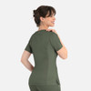 A women's curved mock wrap top in dark green, featuring short sleeves and a fitted design, with a branding logo.