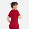 A women's curved mock wrap top in a rich red colour, featuring short sleeves and a fitted design, with branding visible.