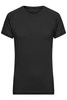 A black ladies sports t-shirt with short sleeves and a round neckline. It features a logo on the front.