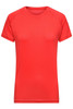 A red ladies' T-shirt with short sleeves and a classic crew neck design. It has a logo on it.