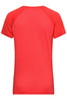 A red ladies' sports T-shirt with a smooth, fitted design and short sleeves. It features a logo on the back.