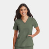 A women's olive green V-neck top with short sleeves and a pocket, featuring a contrasting neckline.