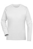 A long-sleeved white ladies' sports shirt with a crew neckline and a logo.