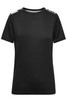 A black ladies sports shirt with patterned accents on the shoulders and a simple crew neck design.