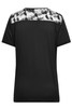 A ladies sports shirt in black, featuring a patterned grey and white upper back section and a logo.