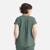 A women's top in a muted green colour with short sleeves and a simple back design, featuring a logo.
