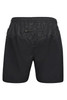 Black men's sports shorts featuring a zippered pocket and an elastic waistband. Logo present on the design.
