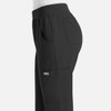 Black women's jogger pants with a high waist and side pockets, featuring an additional branding logo.