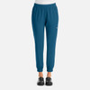 A pair of women's joggers in a teal colour with a fitted waist and elastic cuffs, featuring a logo.