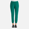 A pair of women's jogger pants in green, featuring a logo and an elastic waistband for comfort.