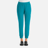 Turquoise jogger pants with an elastic waistband and a fitted cuff at the ankles, featuring a logo on the side.