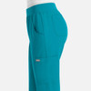 A pair of women's jogger pants in teal, featuring side pockets and an elastic waistband.