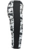 Ladies' 3/4 sports tights featuring a black and grey abstract pattern with a solid black side panel and a logo.