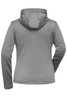 A grey ladies sports zip hoodie with a hood and long sleeves, featuring a logo on the back.