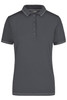 A grey ladies polo shirt with a collar, featuring short sleeves and a button placket, includes a logo.