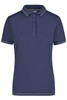 A navy blue ladies' elastic polo shirt with a collar and a button placket, featuring contrasting trim and a logo.