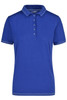 A blue ladies' elastic polo shirt featuring a collar and button placket, with contrast stitching and a logo.