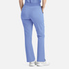 A pair of women's flare leg pants in light blue, featuring a full elastic band and back pockets.
