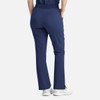 Flare leg pants in navy blue with an elastic waistband and pockets, featuring a subtle logo.
