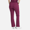 A pair of women's flare leg pants in a rich burgundy colour, featuring a full elastic waistband and back pockets.