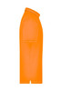 An orange men's elastic polo shirt featuring a classic collar and short sleeves, with a logo on the side.