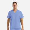 A men's tuckable V-neck top in light blue, featuring a pocket and a logo on the sleeve.