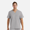 A light grey men's v-neck top with a pocket, featuring a logo on the sleeve.