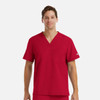 A red men's V-neck top with short sleeves and a single chest pocket, featuring a logo on the sleeve.