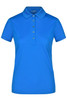 A bright blue ladies active polo shirt with a classic collar and button placket, featuring a logo.