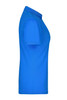 A blue ladies' active polo shirt displayed from the side, featuring a logo on the fabric.
