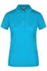 A turquoise ladies active polo shirt with a collar and button placket, featuring a logo.