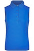 A sleeveless blue polo shirt with a classic collar and button placket, featuring a logo.