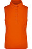 A sleeveless polo shirt in bright orange, featuring a collar and button placket. It has a logo on the chest.
