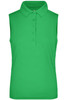 A sleeveless polo shirt in vibrant green with a collar and buttoned placket, featuring a logo.
