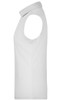 A sleeveless white polo shirt with a collar and an embedded logo. Side view showcases a simple, sleek design.