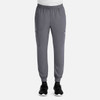 Full elastic joggers in grey with side pockets and elasticised cuffs, featuring a logo on the left leg.