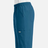 A side view of men's joggers in a deep blue colour, featuring an elastic waistband and pockets.