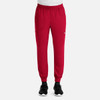 A pair of men's joggers in red, featuring full elastic waistband and pockets, displayed on a neutral background.